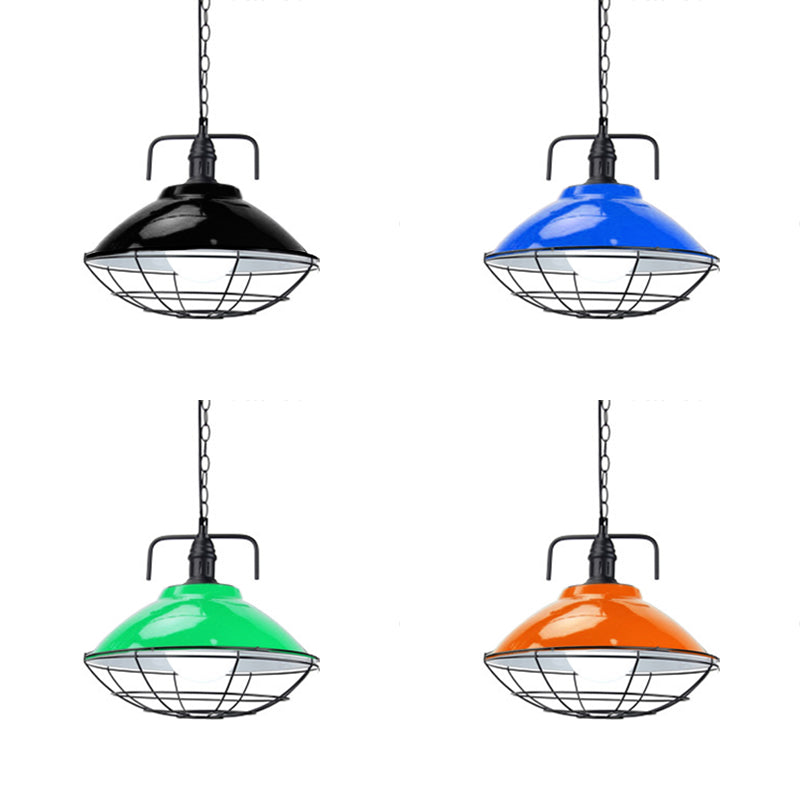 11 "/14" Dia 1 Light Dome Hanging Lampe Industrial Schwarz/Blau -Metall -Pendellanzeige mit Drahtkäfig für Innenräume