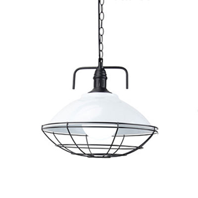 11 "/14" Dia 1 Light Dome Hanging Lampada industriale Servo in metallo nero/blu Accensione con gabbia a filo per interno