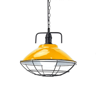 11 "/14" Dia 1 Light Dome Hanging Lampada industriale Servo in metallo nero/blu Accensione con gabbia a filo per interno