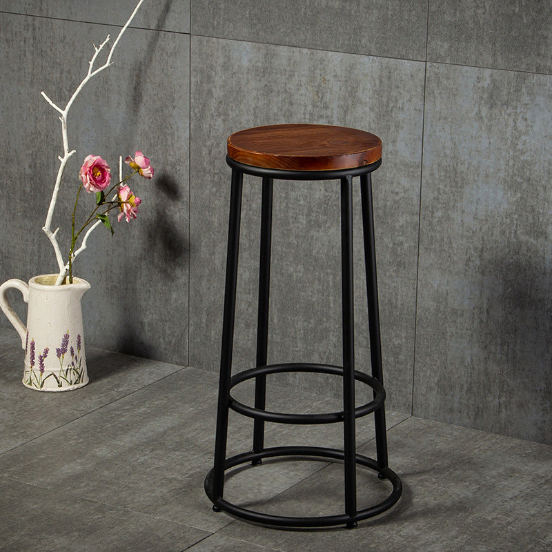 Industrial Armless Barstools Wooden Round Seat Counter Height Stools in Black