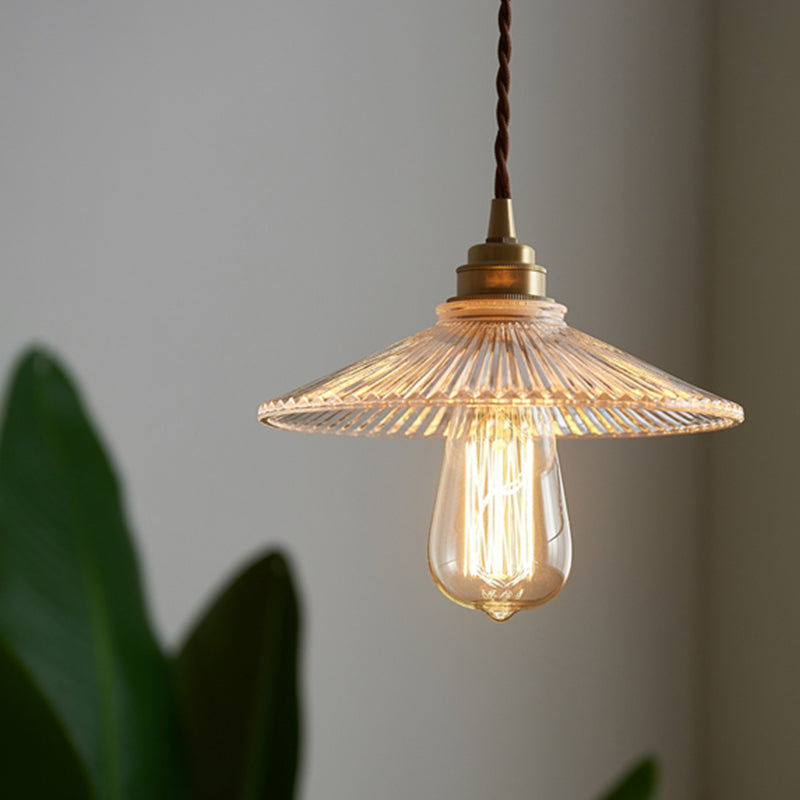 Industrial Style Brass Hanging Lamp Cone Shade 1 Light Fluted Glass Pendant Lamp for Restaurant