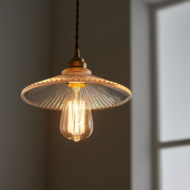 Industrial Style Brass Hanging Lamp Cone Shade 1 Light Fluted Glass Pendant Lamp for Restaurant