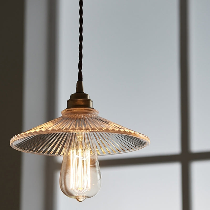 Industrial Style Brass Hanging Lamp Cone Shade 1 Light Fluted Glass Pendant Lamp for Restaurant