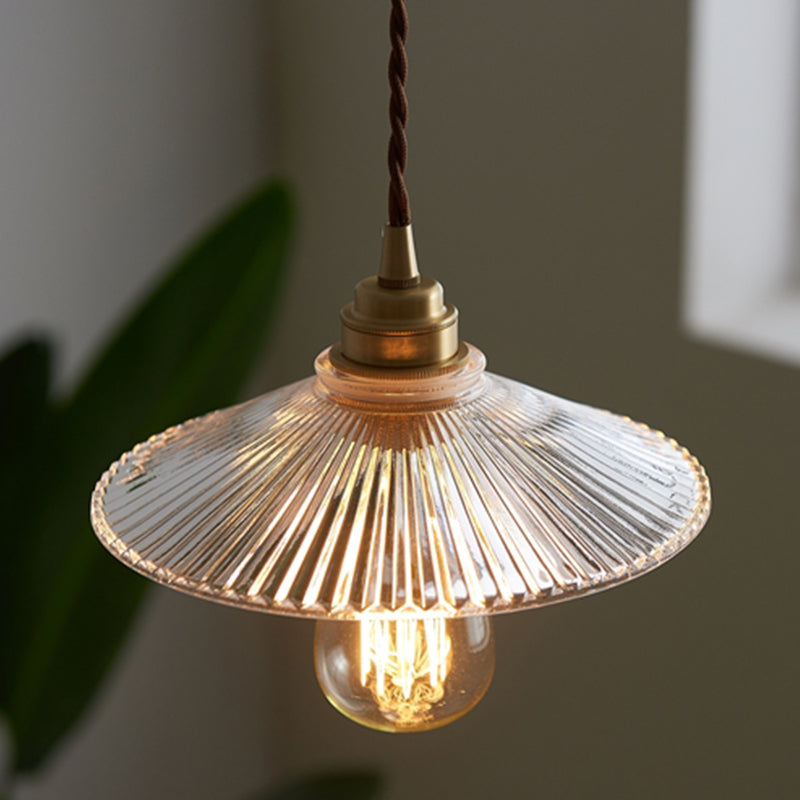 Industrial Style Brass Hanging Lamp Cone Shade 1 Light Fluted Glass Pendant Lamp for Restaurant