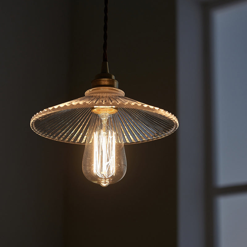 Industrial Style Brass Hanging Lamp Cone Shade 1 Light Fluted Glass Pendant Lamp for Restaurant