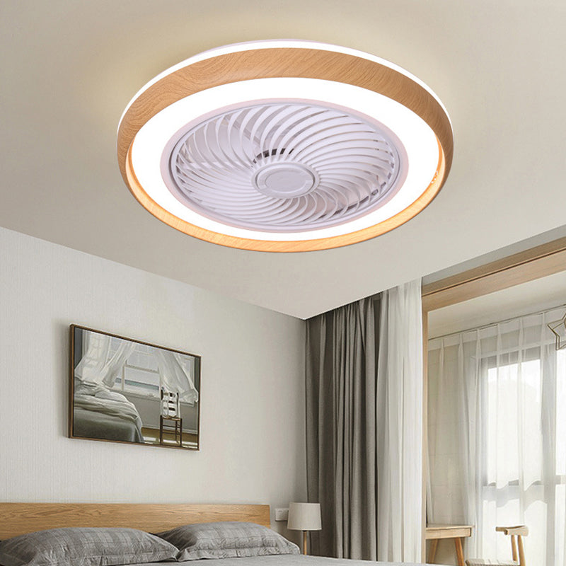 Wood Finish Round Fan Lamp Nordic LED Metal Ceiling Flush Mount Light for Bedroom