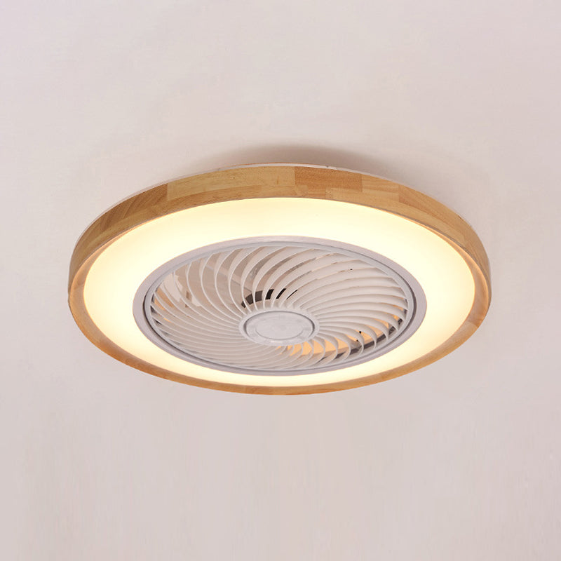 Wood Finish Round Fan Lamp Nordic LED Metal Ceiling Flush Mount Light for Bedroom