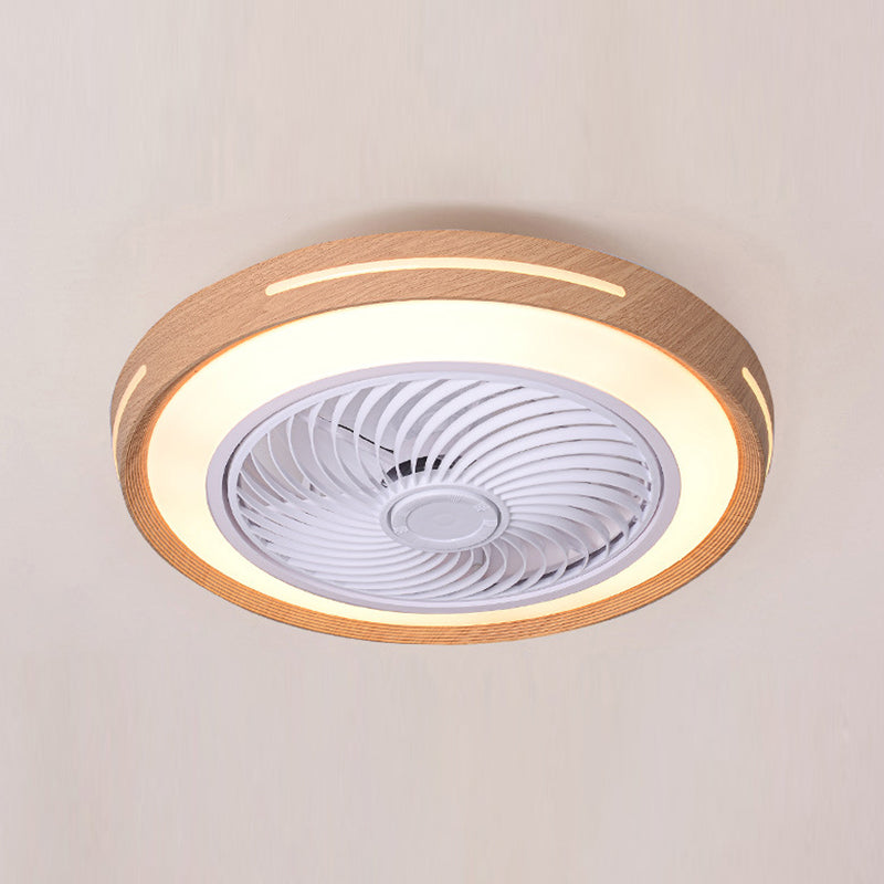 Wood Finish Round Fan Lamp Nordic LED Metal Ceiling Flush Mount Light for Bedroom