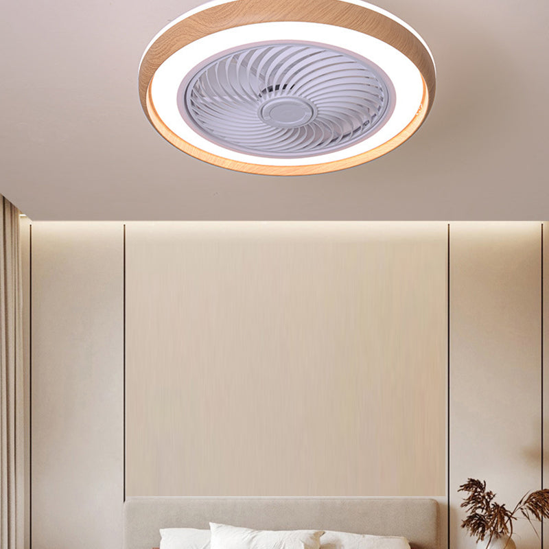 Wood Finish Round Fan Lamp Nordic LED Metal Ceiling Flush Mount Light for Bedroom