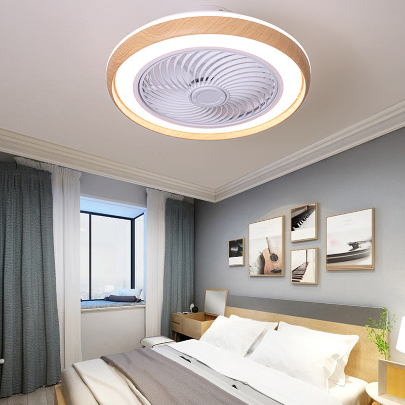 Wood Finish Round Fan Lamp Nordic LED Metal Ceiling Flush Mount Light for Bedroom