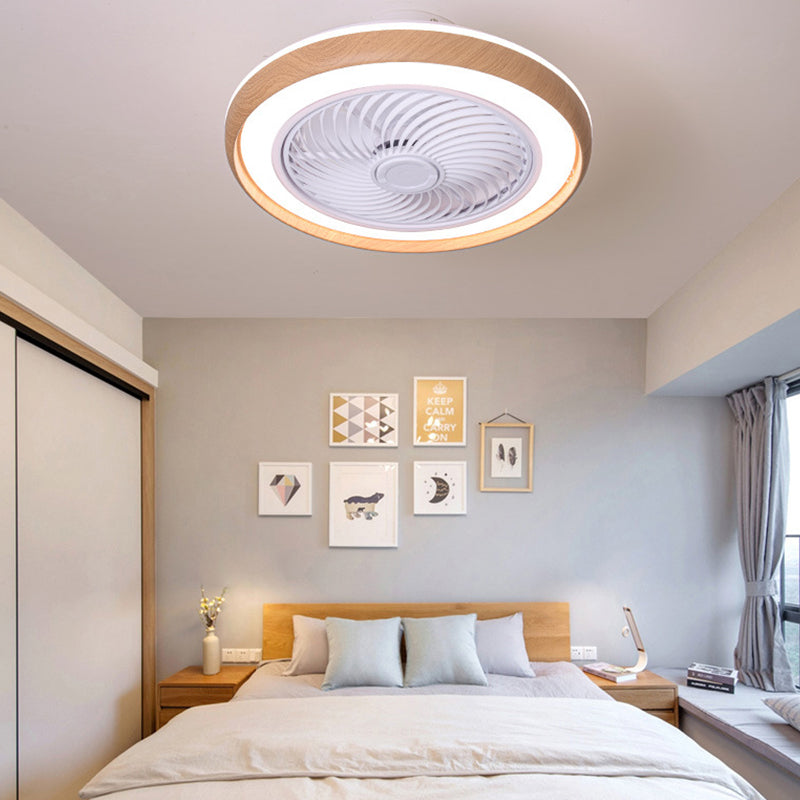 Wood Finish Round Fan Lamp Nordic LED Metal Ceiling Flush Mount Light for Bedroom