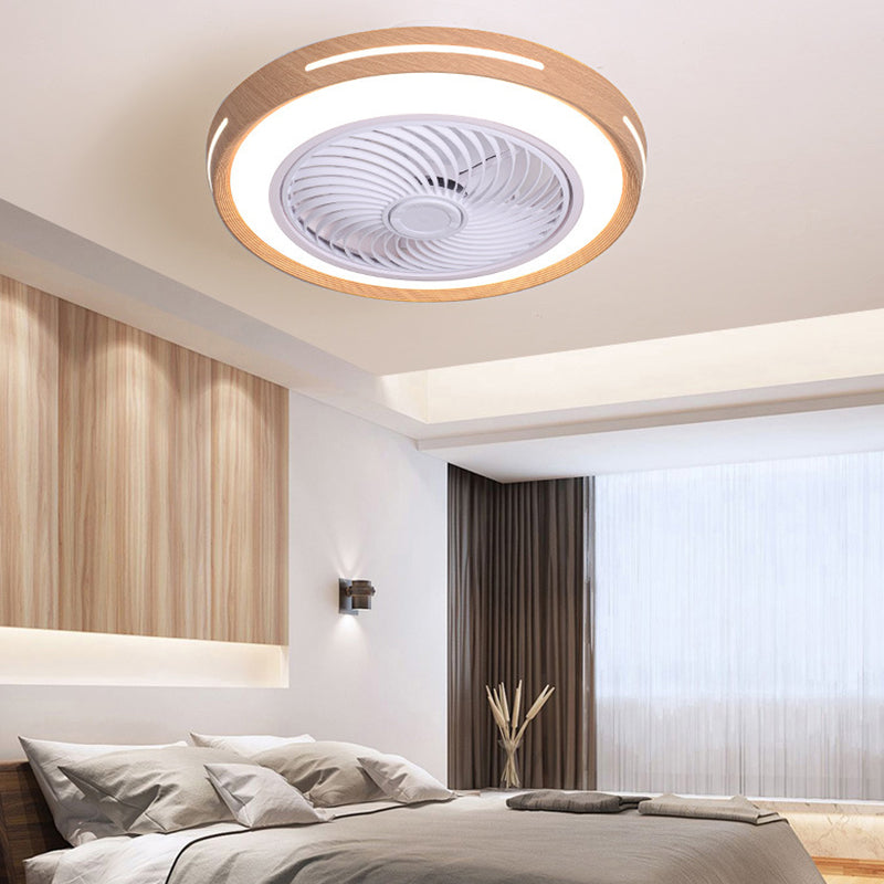 Wood Finish Round Fan Lamp Nordic LED Metal Ceiling Flush Mount Light for Bedroom