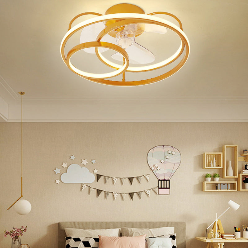 Simplicity 3-Ring Ceiling Fan Light Metallic Bedroom Semi Flush Ceiling Light