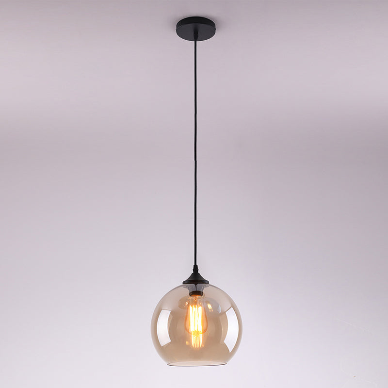 Lámpara colgante de hierro forjado de globo retro industrial con sombra de vidrio