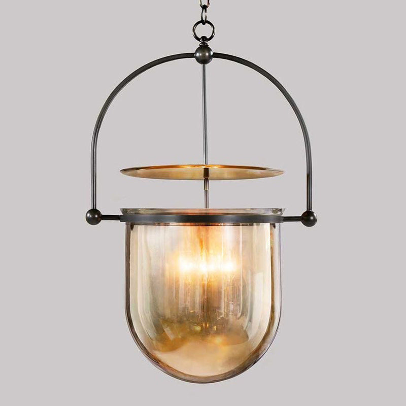 Industrial Retro Single Pendant Light Electroplate Iron Hanging Lamp with Amber Glass Shade