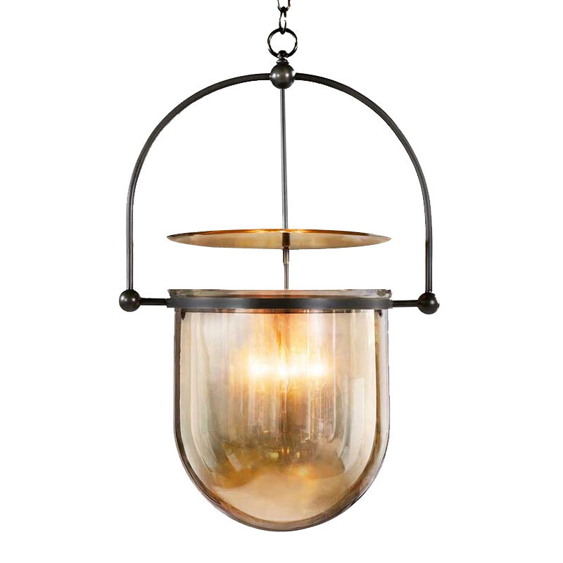 Industrial Retro Single Pendant Light Electroplate Iron Hanging Lamp with Amber Glass Shade