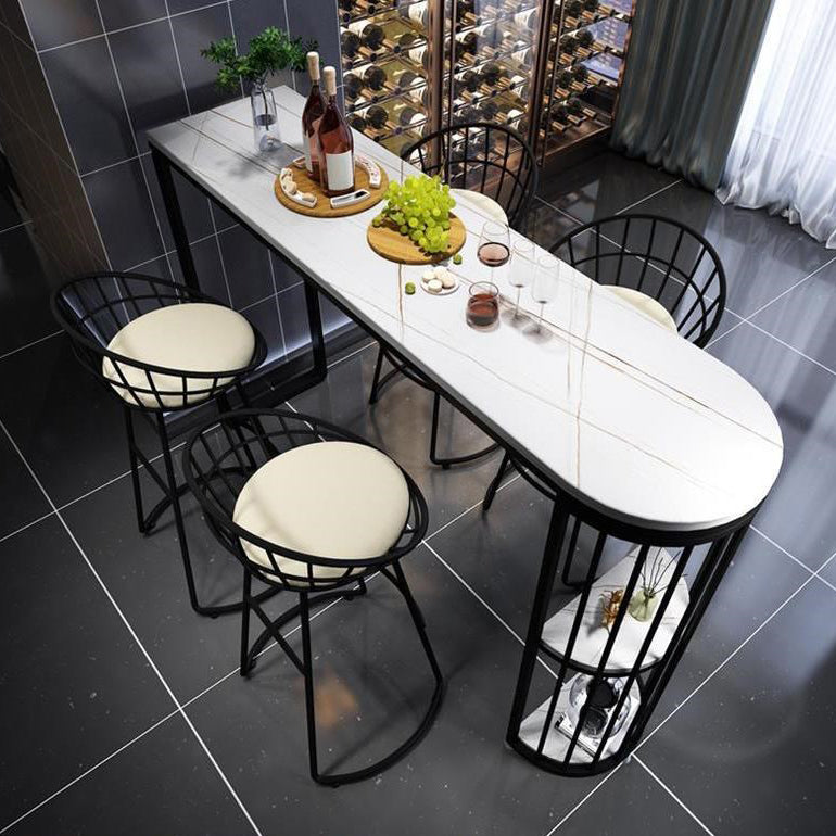 White Stone Industrial Indoor Bar Dining Table Double Pedestal Bistro Table with Shelve