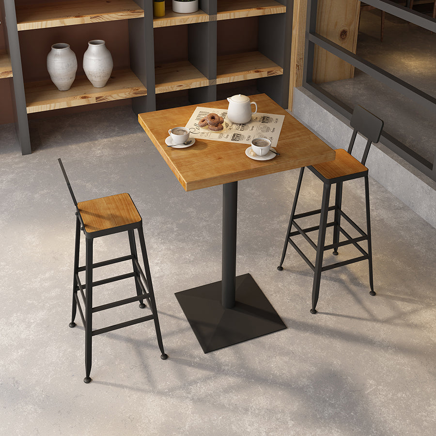 Industrial Square Hemlock Bar Dining Table Iron Indoor Bistro Table with Single Pedestal