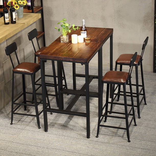 Industrial Brown Pine Bar Dining Table Square Indoor Bistro Table with Trestle Pedestal