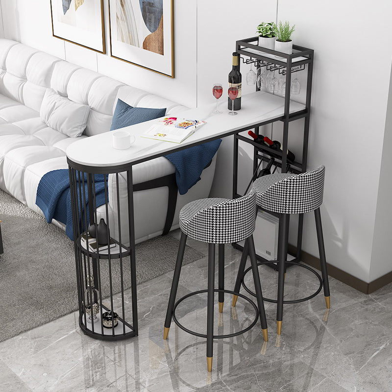 White Stone Glam Indoor Bar Dining Table Iron Double Pedestal Bistro Table with Shelve