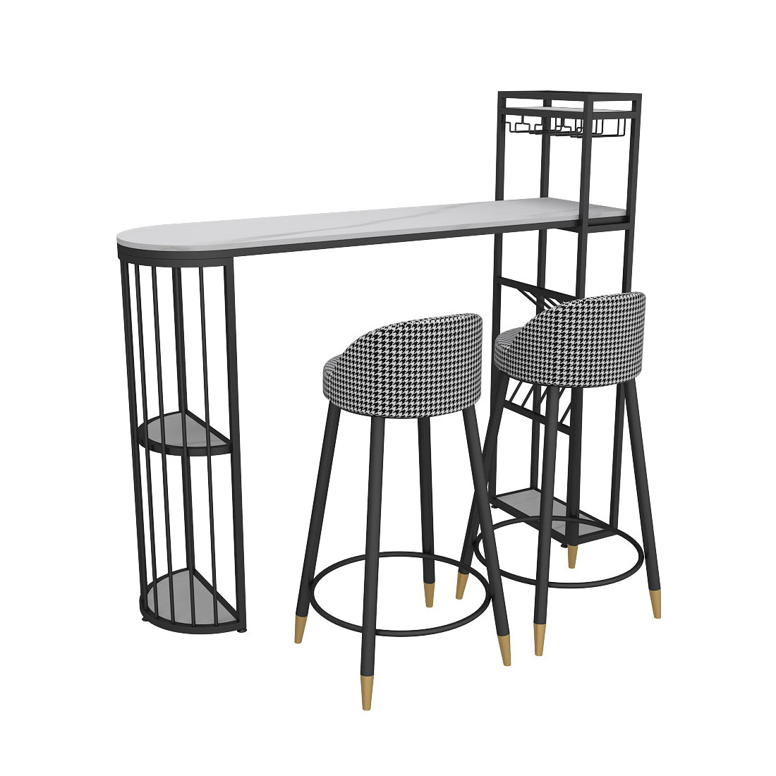 White Stone Glam Indoor Bar Dining Table Iron Double Pedestal Bistro Table with Shelve