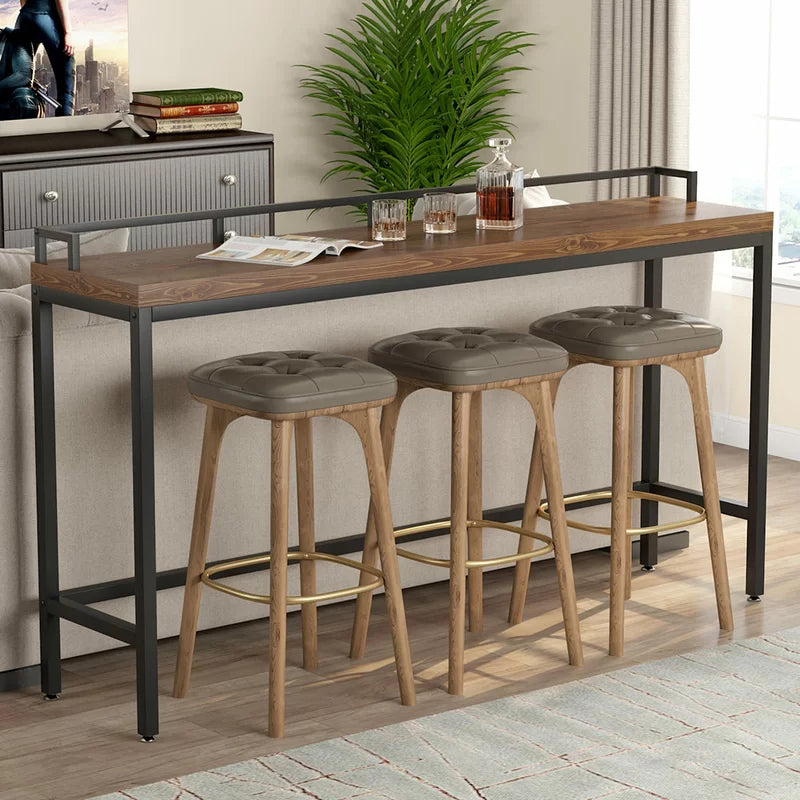 Modern Bar Dining Table Indoor Rectangle Wood Bar Table Trestle Iron Base in Brown