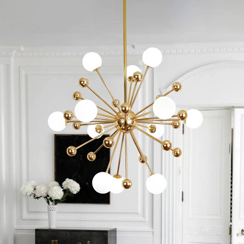 Designer Starburst Metal Chandelier Multi Lights Plafond Gold Plafond Lampe avec une teinte à billes en verre blanche, 23,5 "/31,5" / 39 "de large