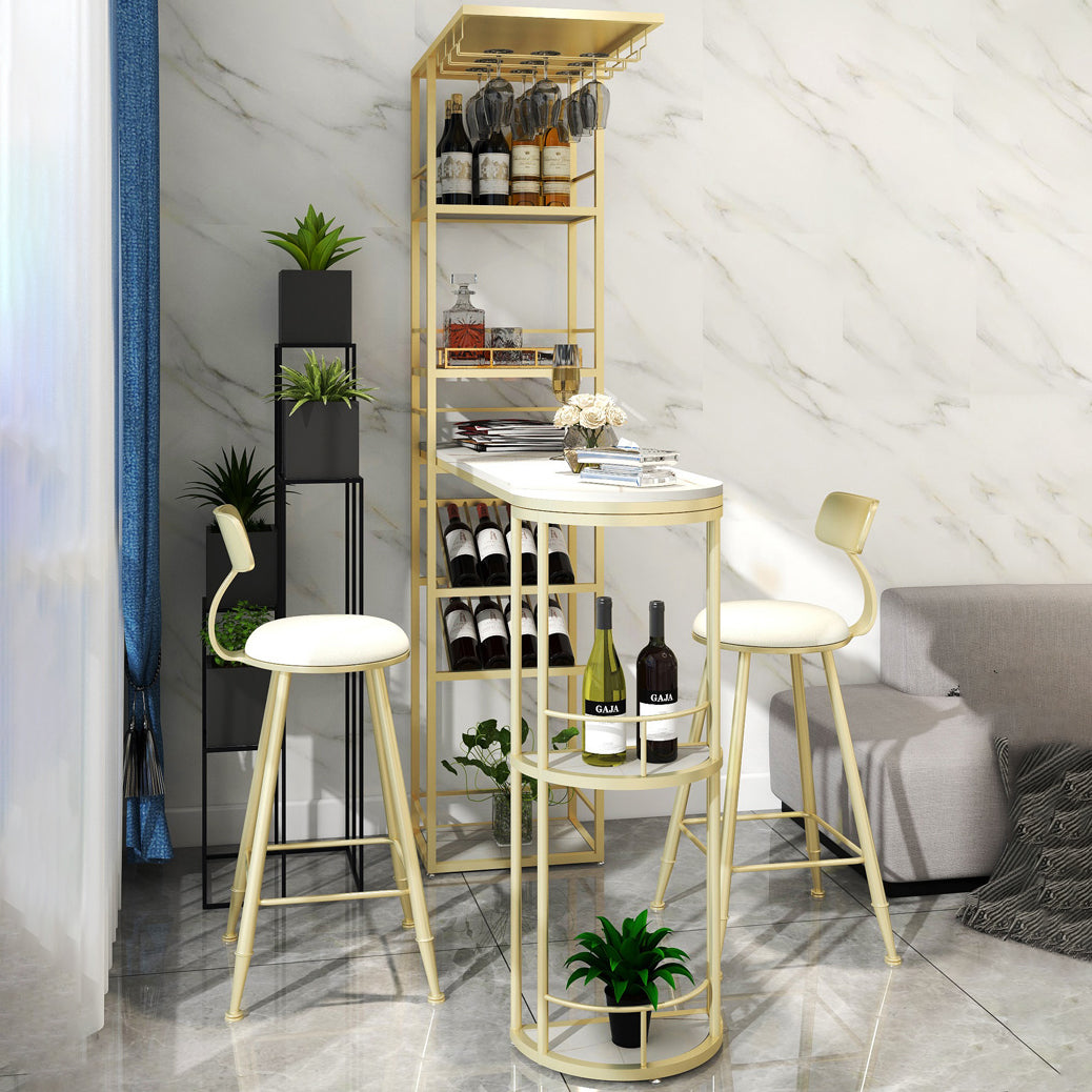 Glam White Stone Bar eettafel metalen dubbele voetstuk bistro tafel met wijnrek