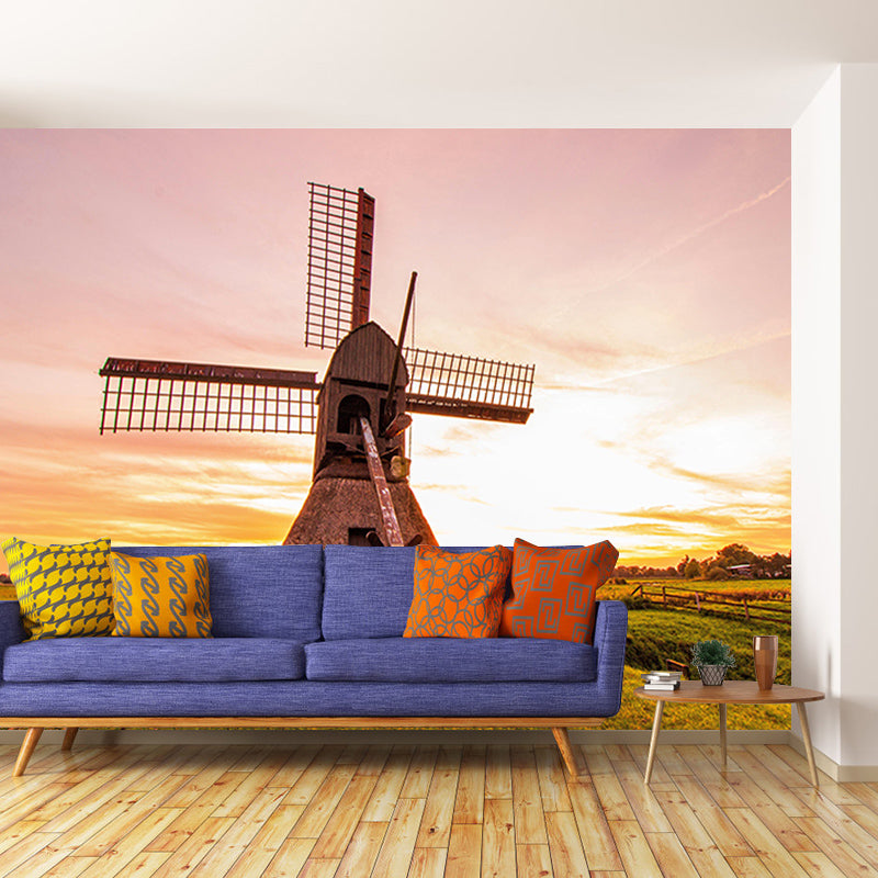 Living Room Wall Mural Wallpaper Small Town Windmill Mildew Resistant Wall Decor