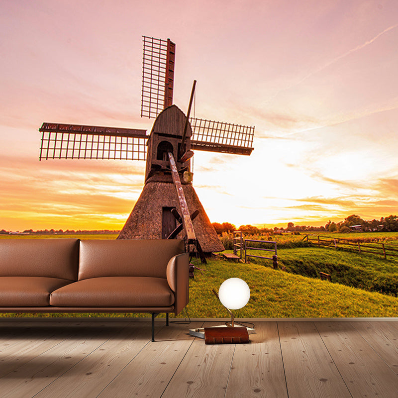 Living Room Wall Mural Wallpaper Small Town Windmill Mildew Resistant Wall Decor
