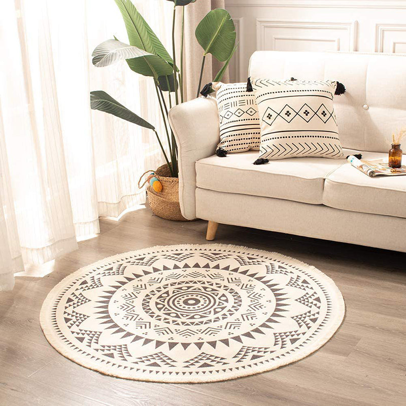 Simple Area Rug Tribal Print Round Carpet Washable Cotton Blend Rug with Fringe