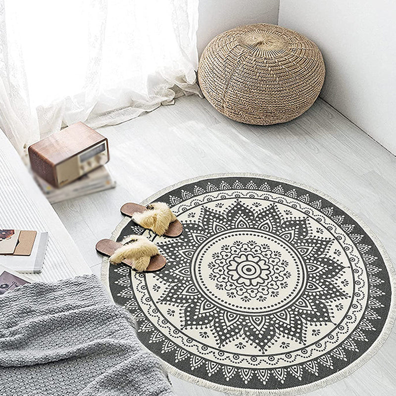 Simple Area Rug Tribal Print Round Carpet Washable Cotton Blend Rug with Fringe