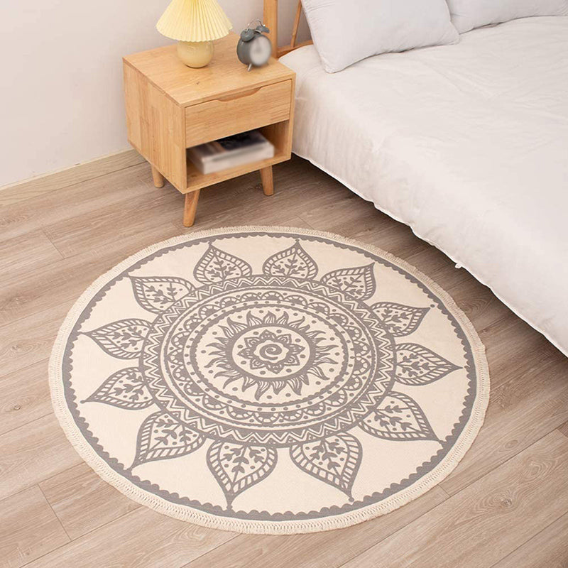 Simple Area Rug Tribal Print Round Carpet Washable Cotton Blend Rug with Fringe