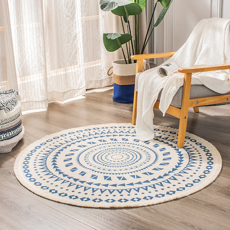 Simple Area Rug Tribal Print Round Carpet Washable Cotton Blend Rug with Fringe