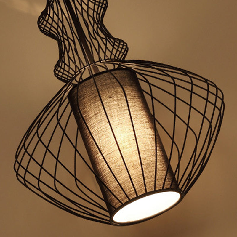 Caged Fabric Lantern Pendant Retro 1-Light Dining Room Hanging Light in Black