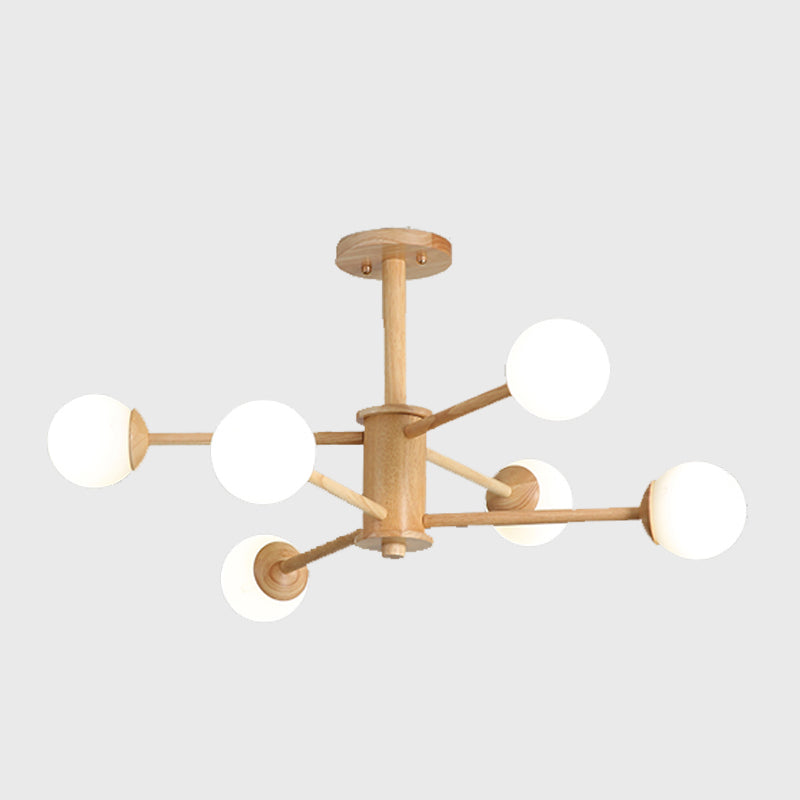 Simplicité moderne Globe Chandelier Pendante intérieure en bois avec teinte en verre blanc