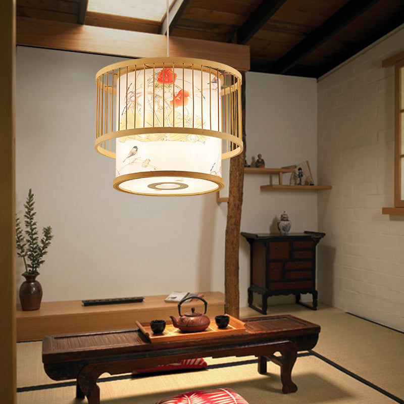 Chinese Cylinder Ceiling Pendant Light Bamboo Hanging Lamp for Tea Room