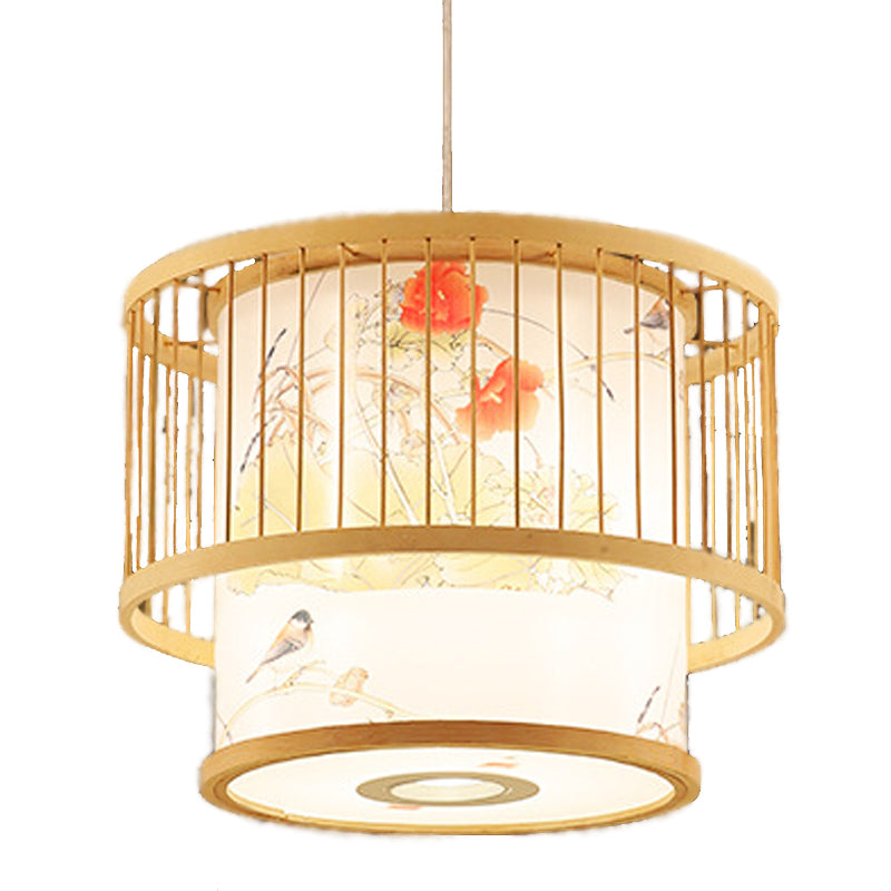 Chinese Cylinder Ceiling Pendant Light Bamboo Hanging Lamp for Tea Room