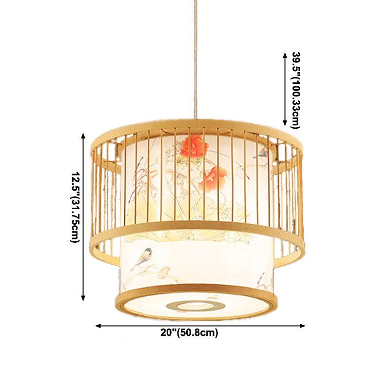 Chinese Cylinder Ceiling Pendant Light Bamboo Hanging Lamp for Tea Room