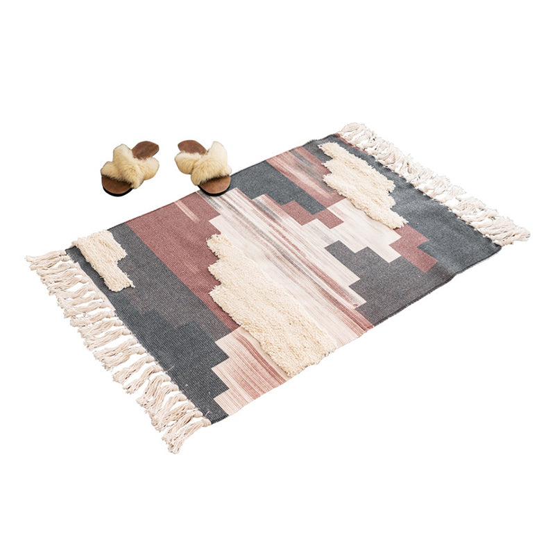 Bohemian Indoor Rug Funky Washable Rug Cotton Blend Area Carpet with Fringe