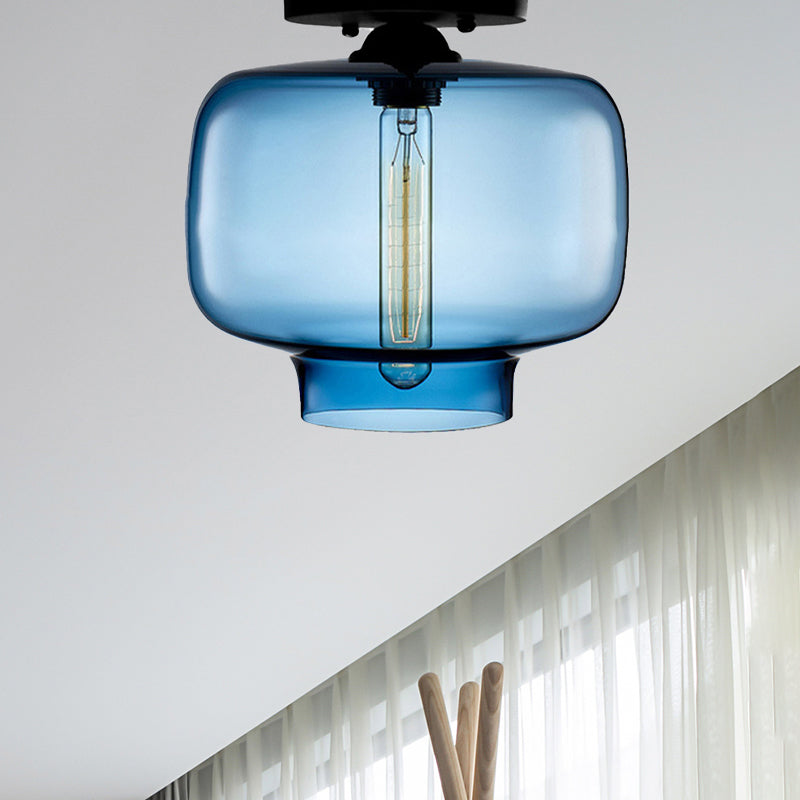 Modern Red/Sky Blue/Amber/Smoke Gray/Coffee Lantern Flushmount Light 1 Bulb Flush Mount Lamp with Glass Shade in Black