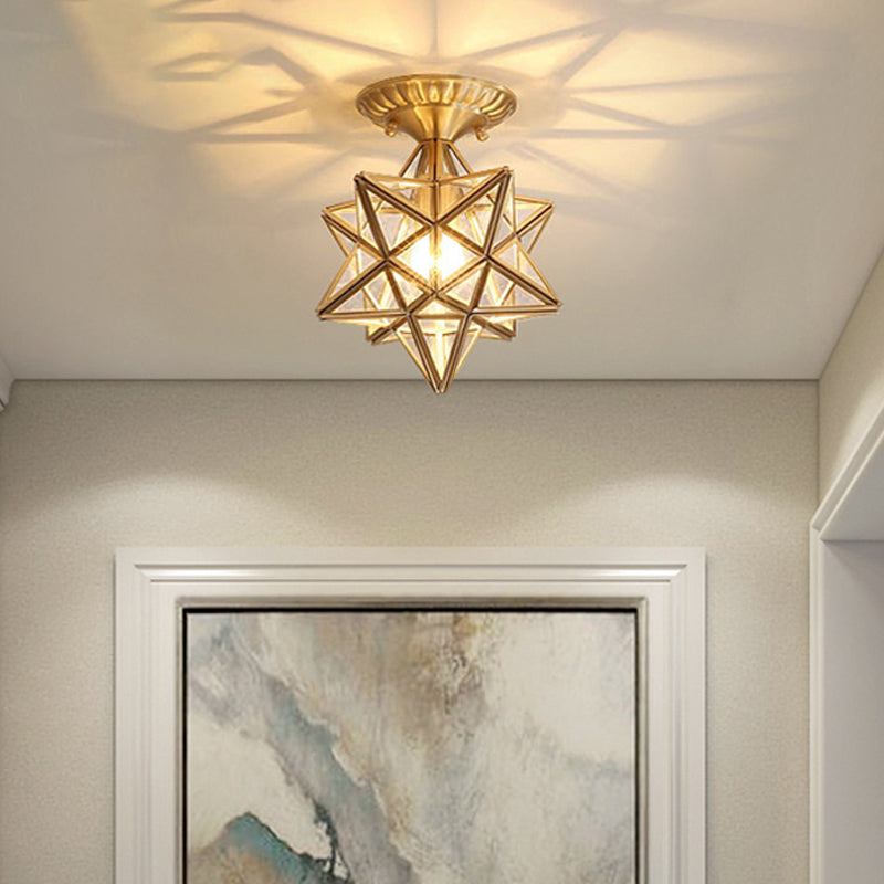 Glass Close to Ceiling Lamp Vintage-Style Brass Star Aisle Ceiling Lighting