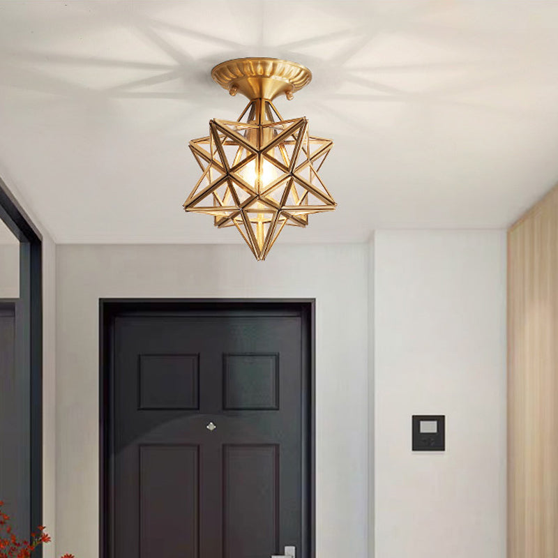 Glass Close to Ceiling Lamp Vintage-Style Brass Star Aisle Ceiling Lighting