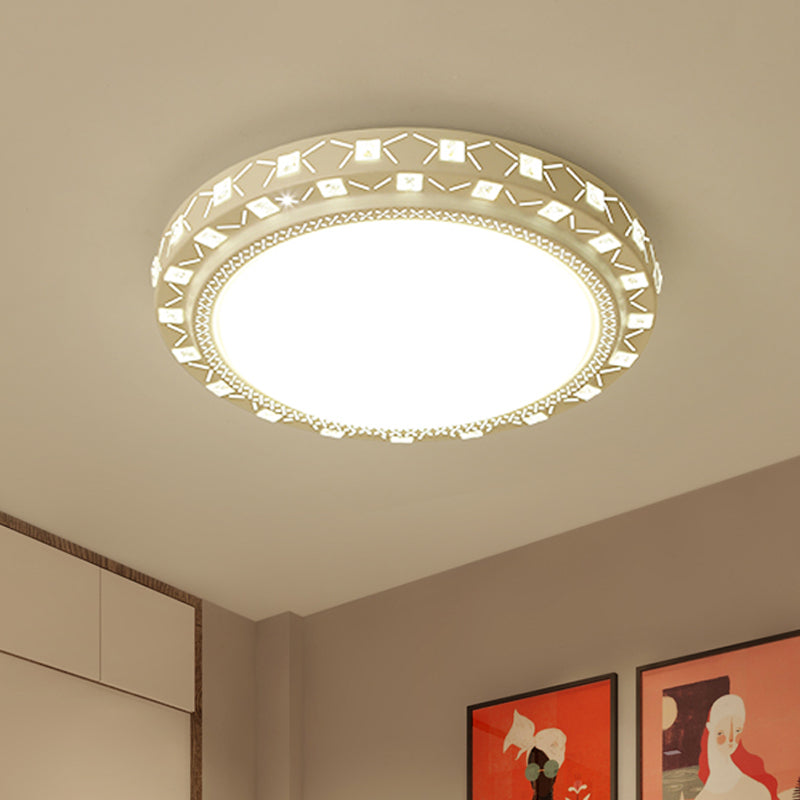 White Drum Ceiling Flush Mount with Crystal Accent Modern Bedroom LED Flush Mount Fixture, 16"/19.5" Wide