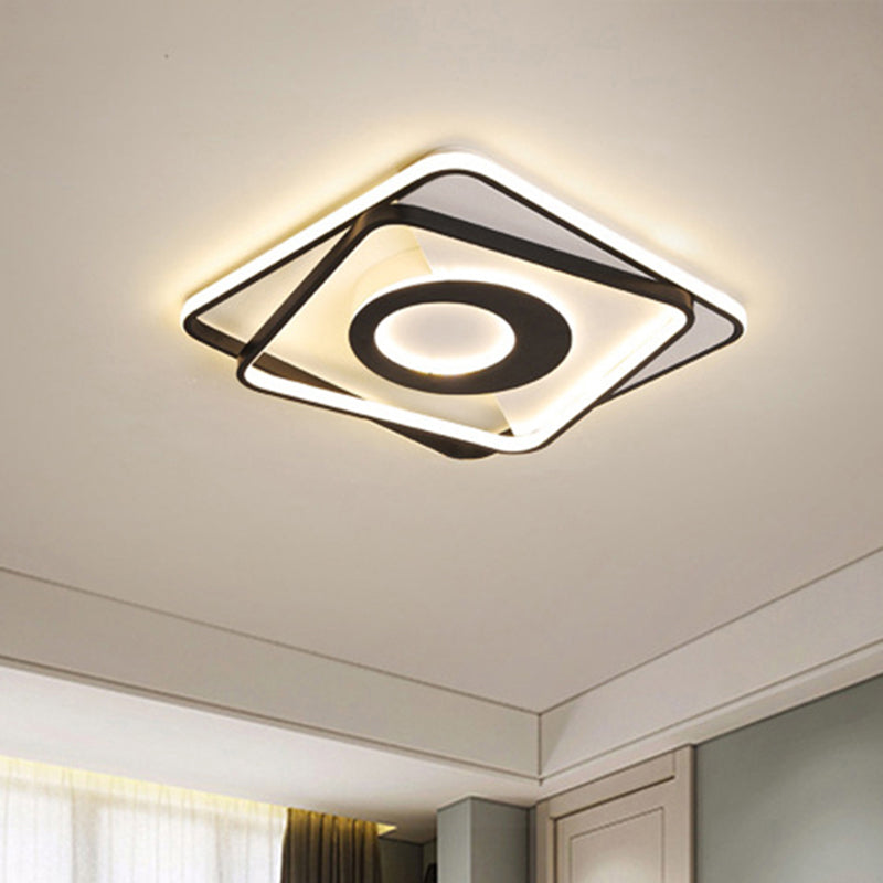 Black and White Square Flush Ceiling Light Acrylic 16"/19.5"/23.5" W LED Ceiling Fixture for Bedroom in Warm/White