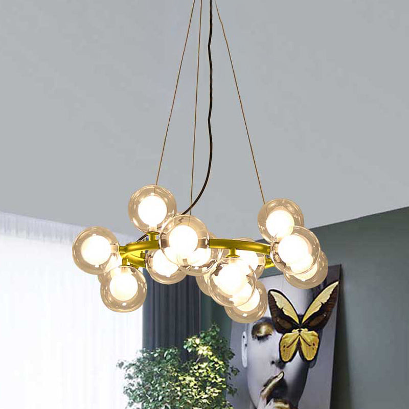 Global Shade Ceiling Light Fixture Modernist Glass 15/25 Bulbs Black/Gold Finish Chandelier Lamp with Metal Ring