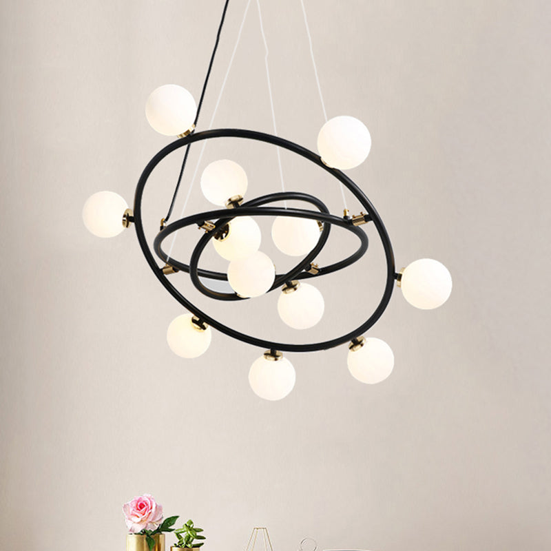 Contemporary Style 9/12/15 Lights Chandelier Black Round Suspension Light with Opal Glass Shade