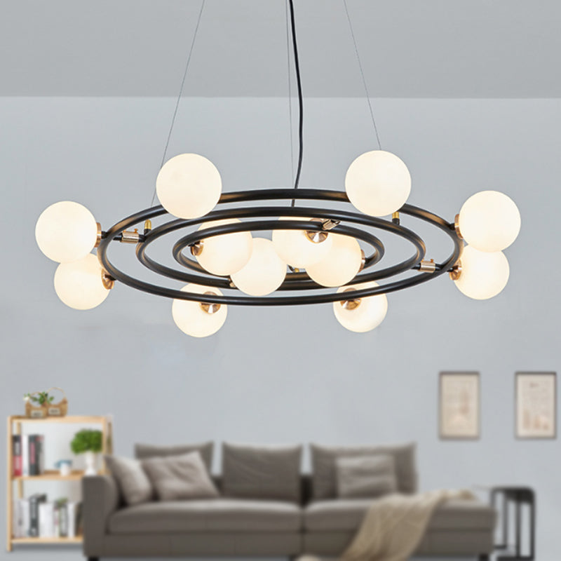 Contemporary Style 9/12/15 Lights Chandelier Black Round Suspension Light with Opal Glass Shade