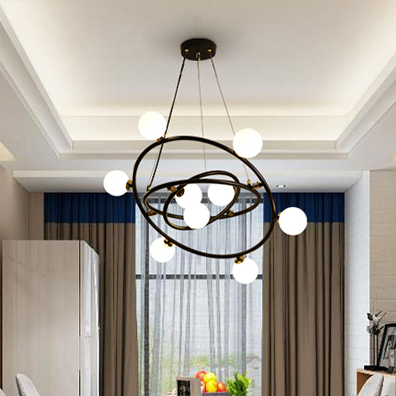 Contemporary Style 9/12/15 Lights Chandelier Black Round Suspension Light with Opal Glass Shade