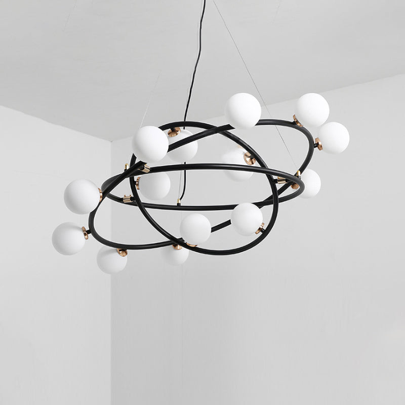 Contemporary Style 9/12/15 Lights Chandelier Black Round Suspension Light with Opal Glass Shade